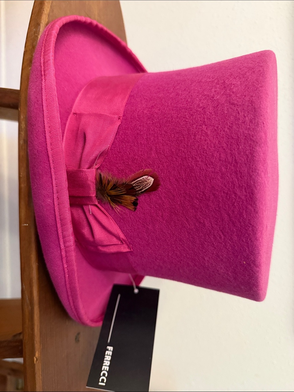 Ferrecci Hot Pink Felt Top Hat with Feather Trim